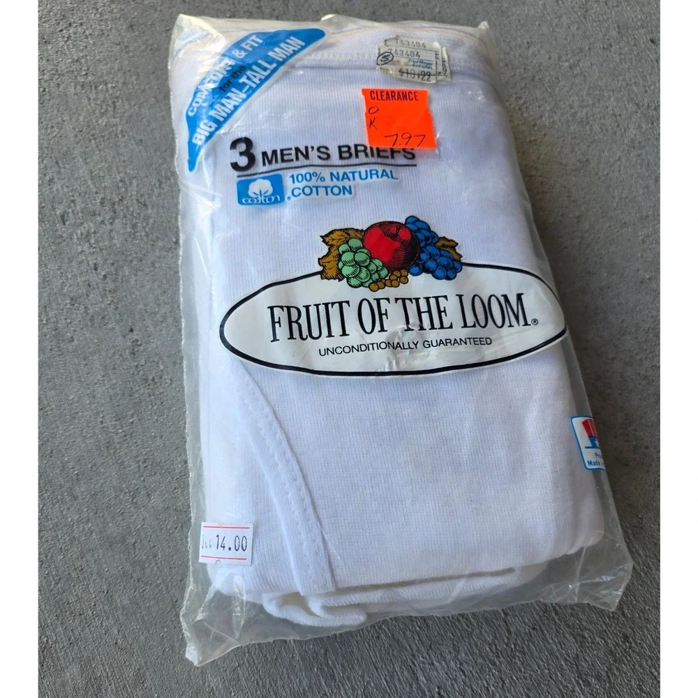 Vintage 1986 Fruit of the Loom Men White Briefs 3 Pack Big Man Tall 2XL USA Made